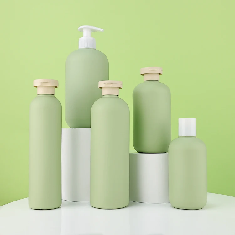Eco friendly hair body skin care bottles set toner lotion shower gel wash shampoo container empty green hdpe plastic bottle