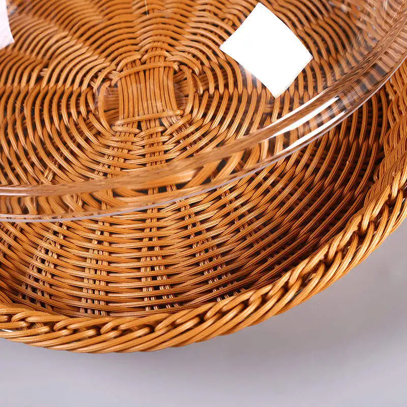 Desk Bread Organizer Basket Tray Stackable Kitchen Woven Japanese Style Hollow Fruit Plastic  PP Rattan Storage Baskets with Lid
