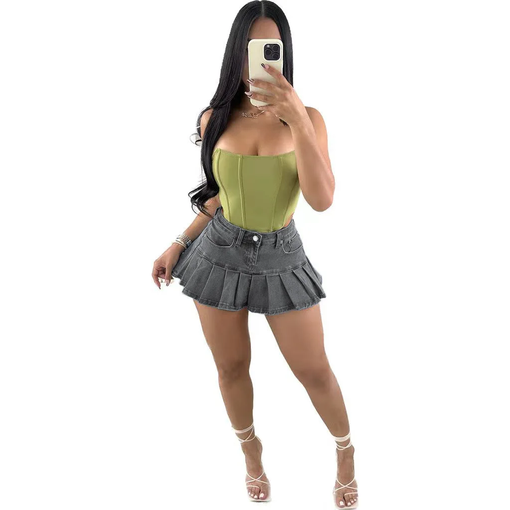 2024 New Short Jean Skirt Wholesale Denim High Waist In Stock Blue Short Skirt Ladies Pleated Skirts