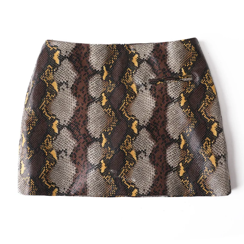Sexy Ladies Mini Printing Skirt Lamb Skin Leather Dress With Bottom Lining Python Pattern Custom Leather Skirt