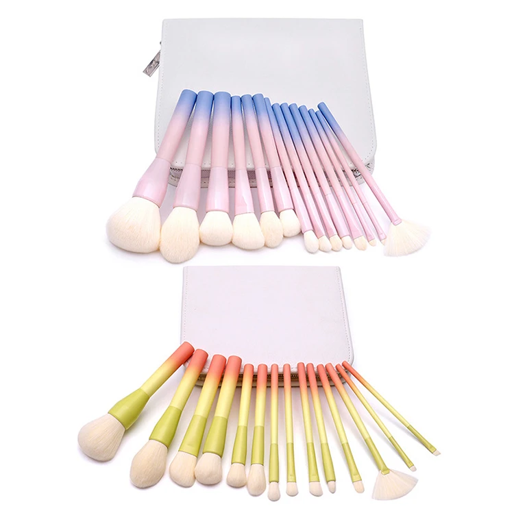 Hot Sale Custom Logo Makeup Brushes 14 pcs With Luxury Makeup Brush Box Gradient Color Wooden Set Makeup Brushes