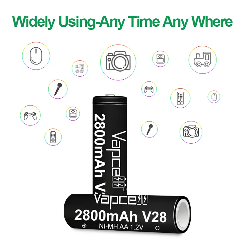 Оптовая продажа Vapcell NiMh V28 AA 2800mAh 1 2 V Ni-MH Cell Аккумуляторная батарея для фонарика