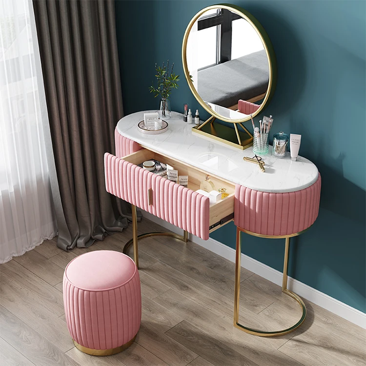 Pink lovely girl bureau with mirror makeup table luxury design make up dressing table with mirror and stool