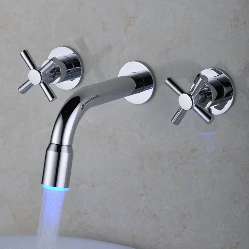 Bathroom Wall Mounted Mixer Tap 3 Colors Changing LED Basin Faucet