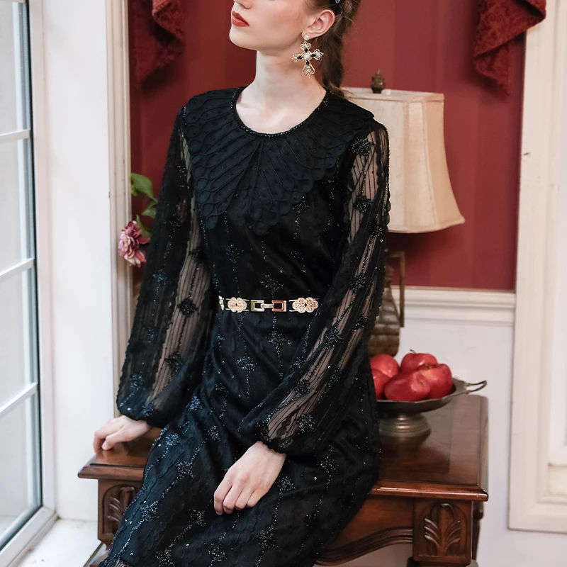 Ladies Puff Sleeve Maxi Dress High End Formal Dress For Women Black Classic Straight Elegant Dresses