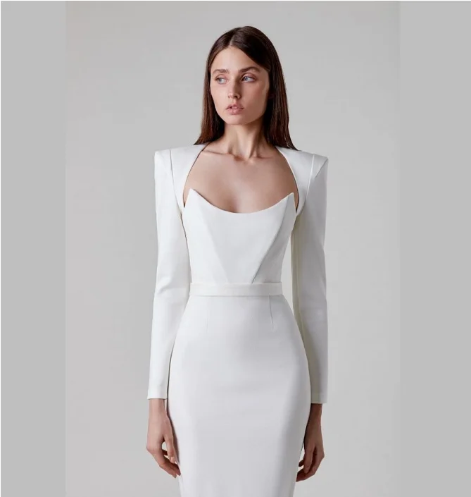 High Quality Long Sleeve Shoulder Pads Knitted Solid Color Women Elegant Bandage Dress