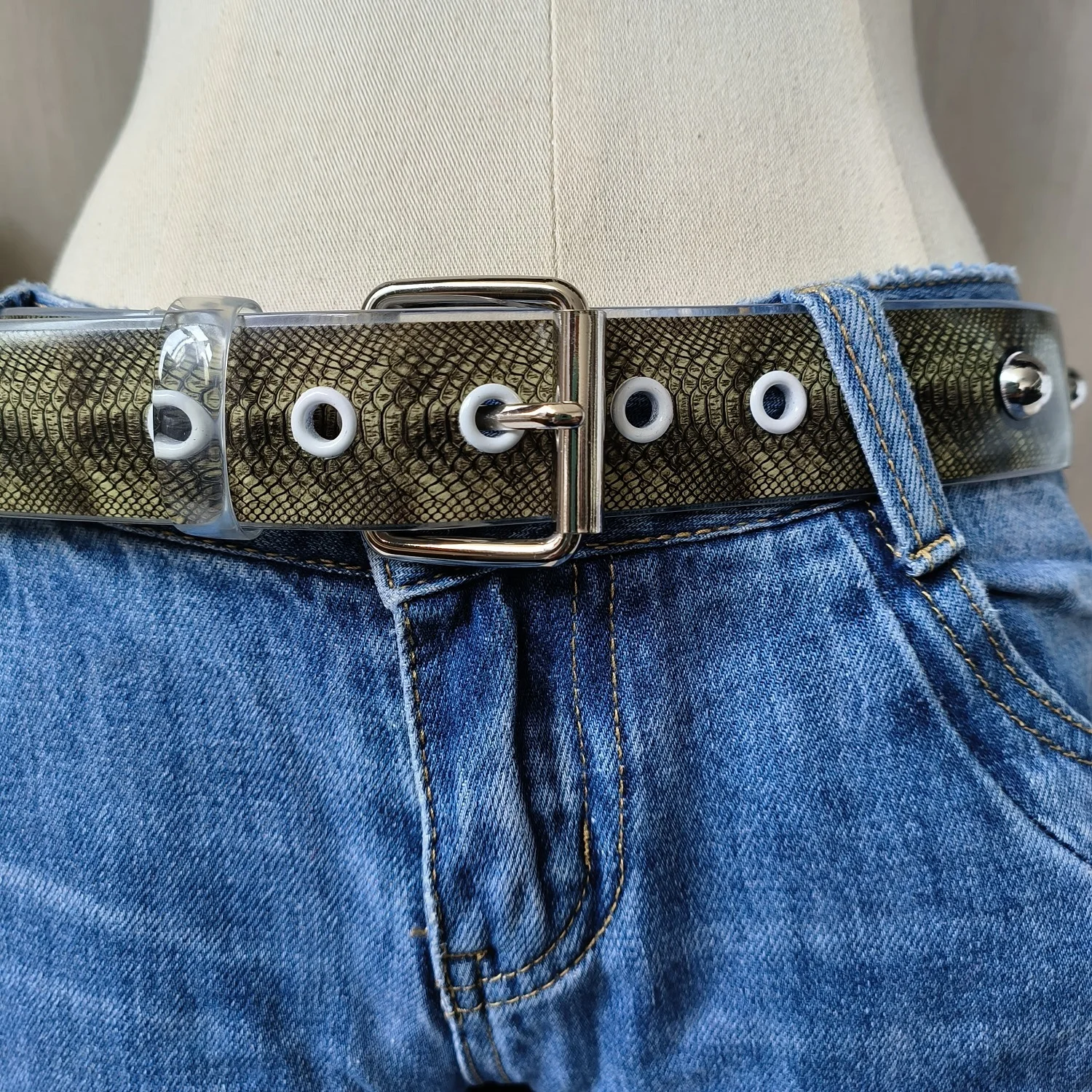 Fashion Transparent Women Belt for Jeans & Dresses Snake Pattern Digital Printing With Studs Classic Metal Buckle