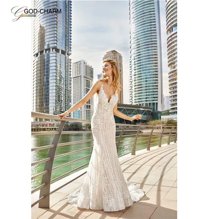 S-86970403 Wholesale 2019 strap wedding dress mermaid v neck sexy lace bridal dress appliques court tail wedding dresses