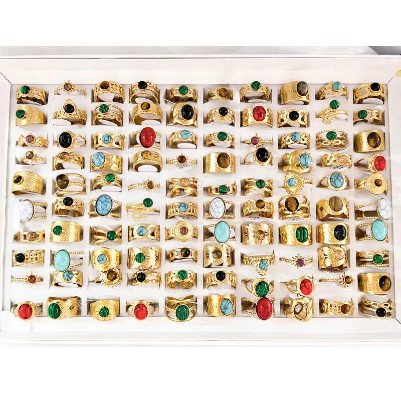 Vintage Style French Natural Stone Stainless Steel Ring 18k Gold Plated Ring Cz Zircon Mix Bulk Gemstone Opening Adjustable Ring