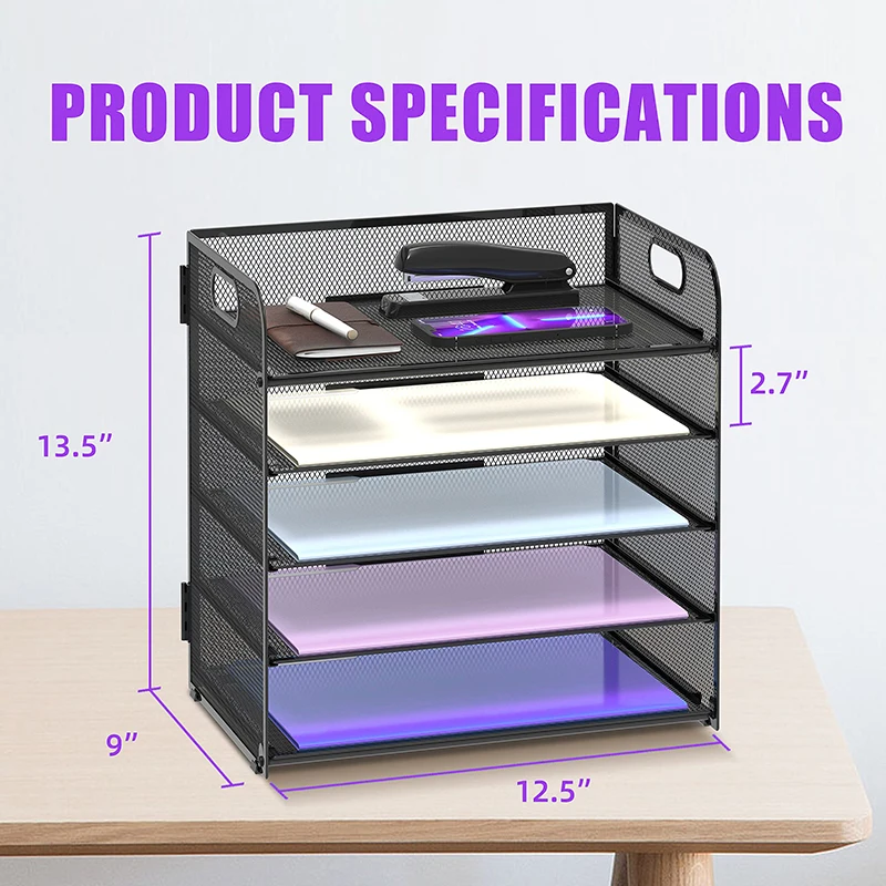 Wholesale Desktop Paper Document File Tray 5 Tier Metal Wire Mesh Office File Organizer With Handle