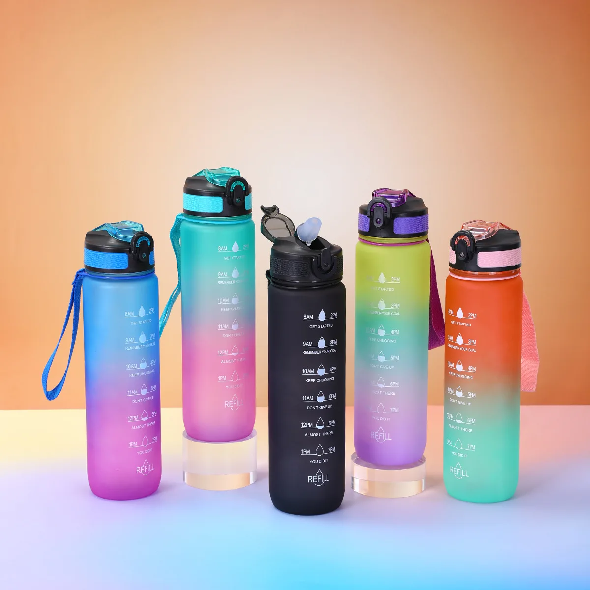 Large capacity portable outdoor with scale bounce cup gradient color sports plastic water bottle