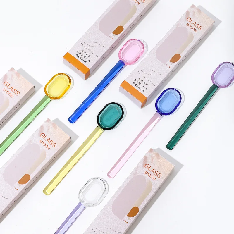 Hand blown transparent high-temperature resistant glass spoon, long handle stirring spoon suitable for bar food coffee milk tea