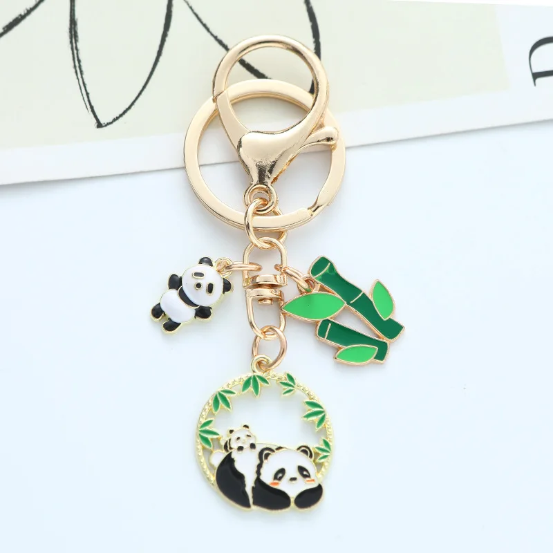 Cute Enamel Bamboo Leaf Gifts Keychain Chinese Style Animal Panda Keychain Key Ring for Girl Women Decoration