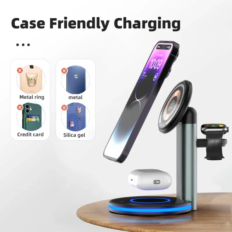 Popular Original Factory 3 in 1 Qi 15W Fast Charging Stand Magnetic Wireless Charger Desktop Foldable Tablet Mobile Phone Stand