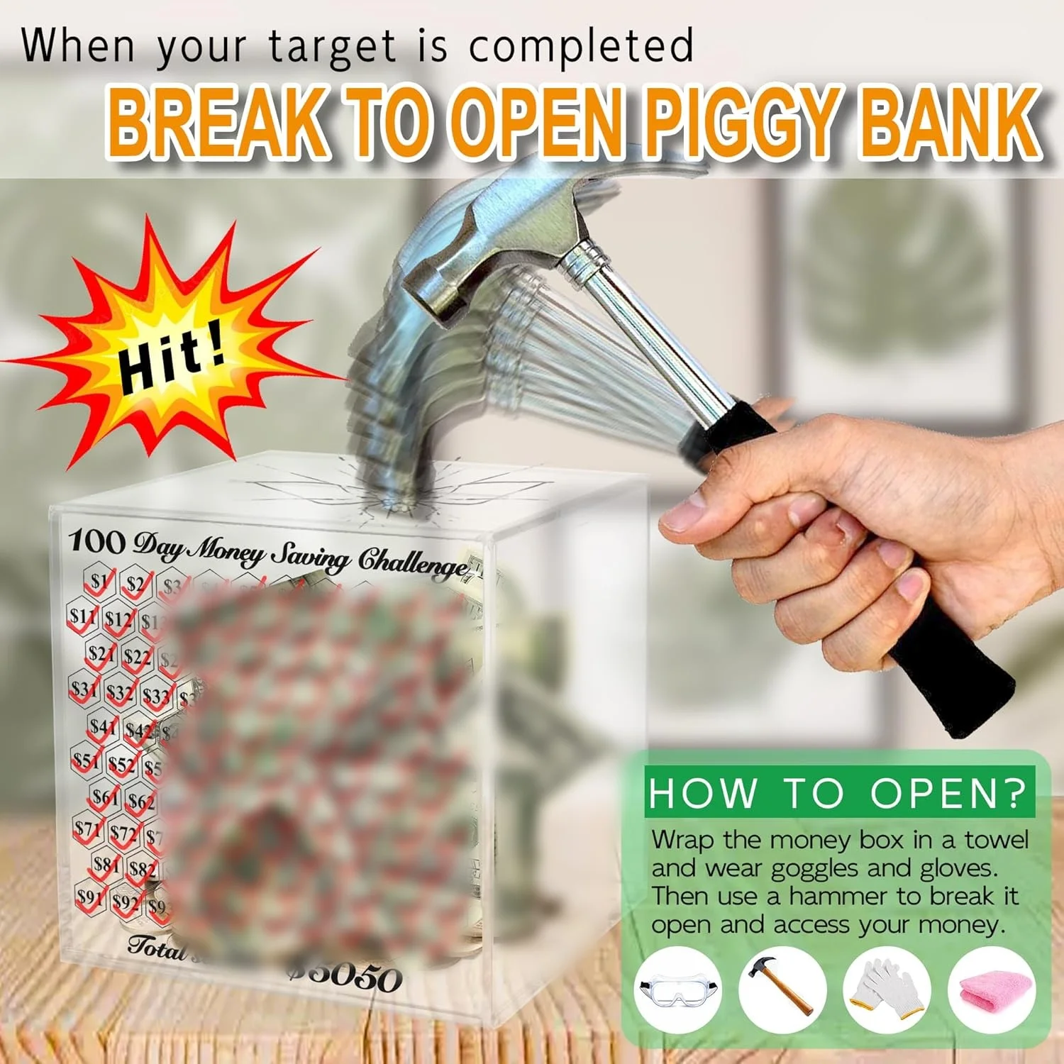 Yageli OEM Acrylic Clear Safe Piggy Bank Money Box with $10,000 Goal Countdown Deposit Box for Money Saving with Number Checks
