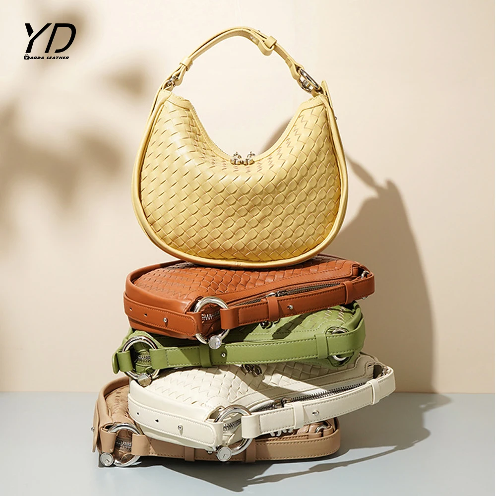 Factory hot sale fashion trends vintage handbags Genuine Leather woven Crescent armpit Shoulder Bags for women