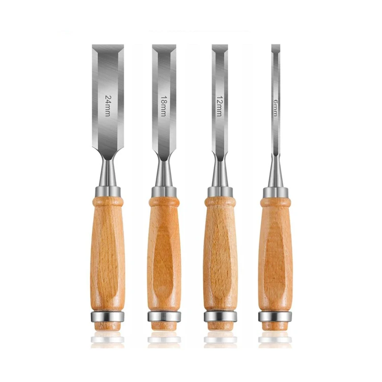 Premium Chrome Manganese Blades for Woodworking, Carving, Soft Grip Handles W Hammer Steel-end  4-Piece Wood Chisel Sets