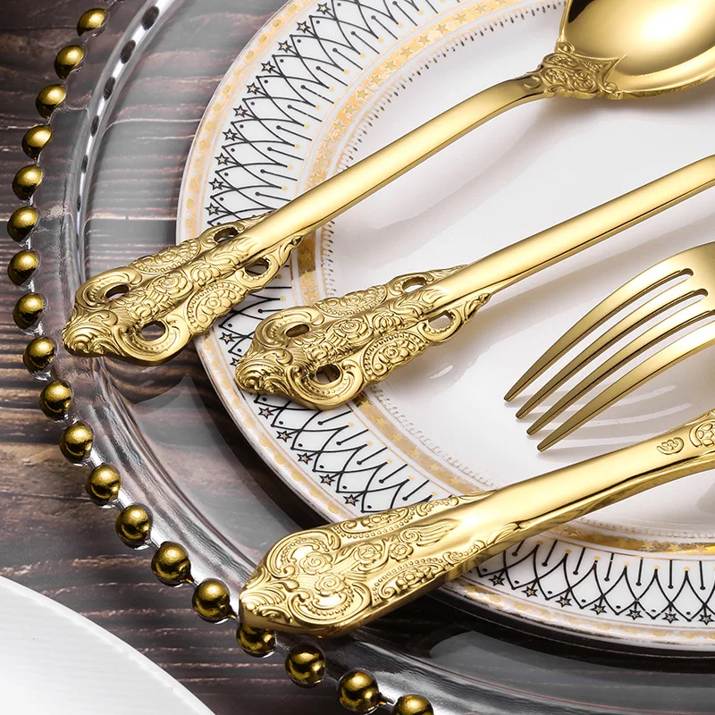 High Quality Luxury Vintage Gold And Silver Flatware Royal Stainless Steel 304 Golden Cutlery For Banquet Wash Safe Silverware