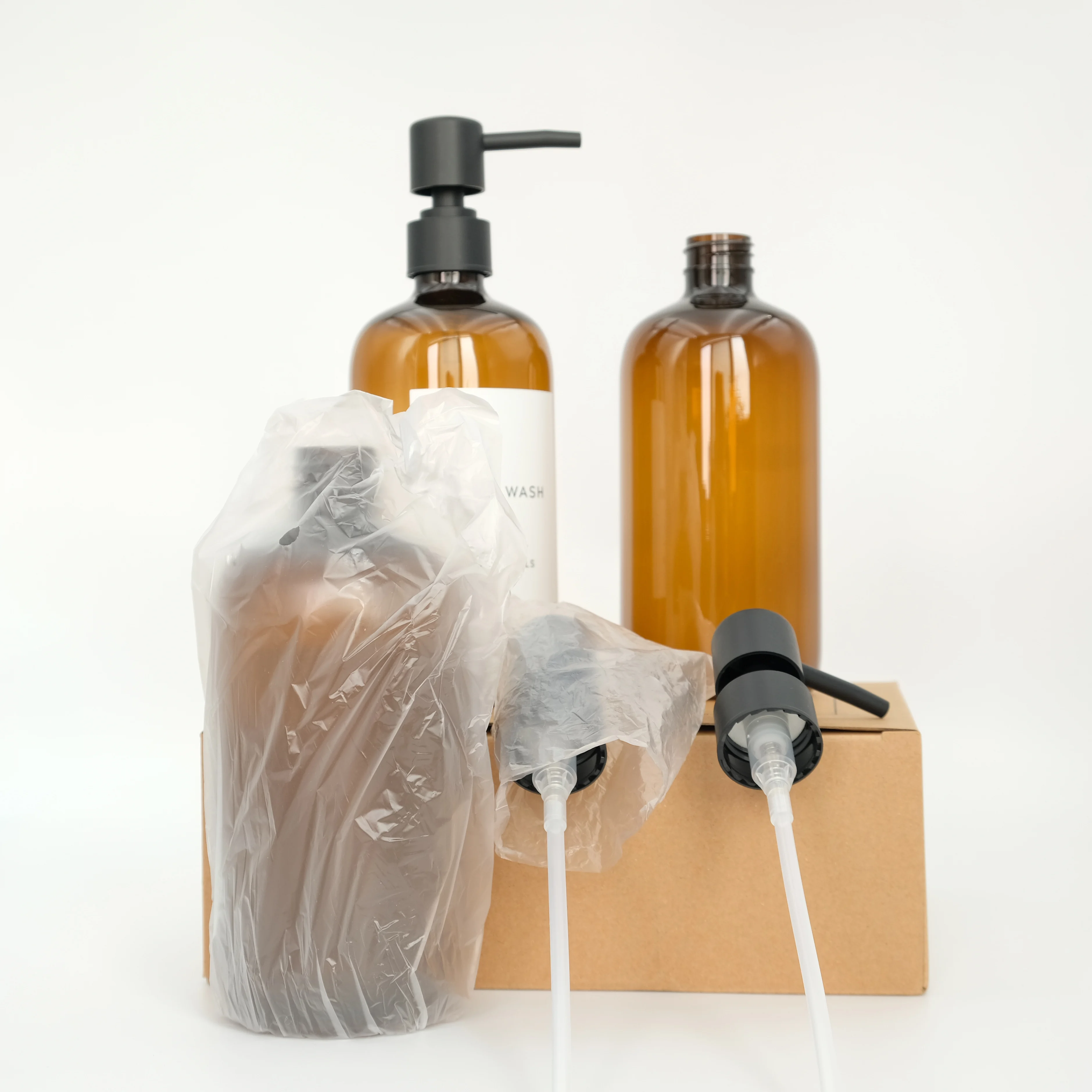 High Quality Amber Plastic Hand Soap Dispenser Set of 3 Wall Mounted Shampoo and Conditioner with Stainless Steel Lotion Pump