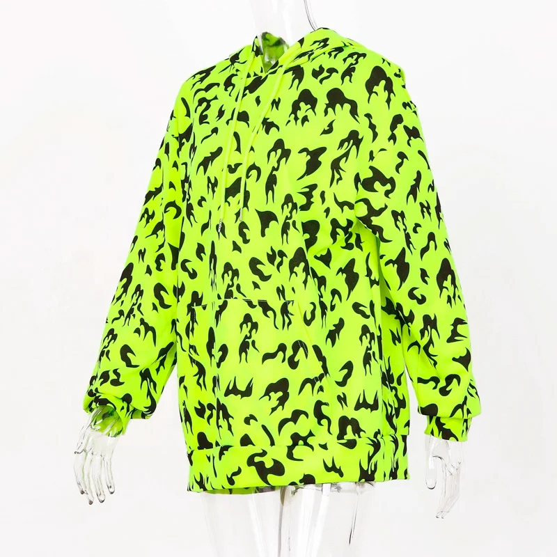 
2019 hot selling full flame print plus long fluorescent color sweater girls neon long hoodie 