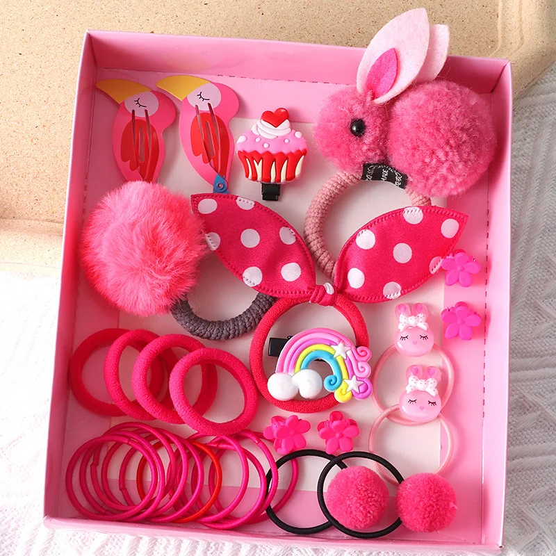 30Pcs Children Cute Hair Accessories Set Baby Fabric Bow Rabbit  Rubber Hair Bands Barrettes Hair clips Girls Headdress Gift