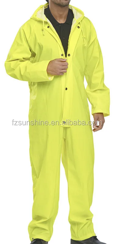Hooded Waterproof work wear coverall with reflector PU saturn yellow rain coverall
