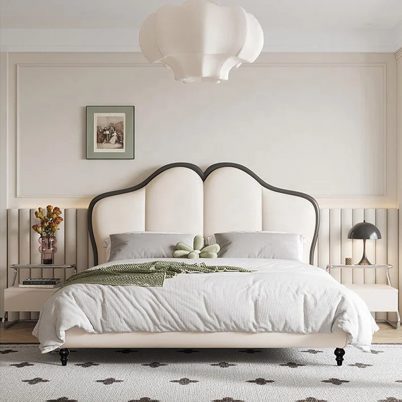 American Luxury Style Bedroom King Size Bed European Style High Quality Solid Wood Double Bed Soft Headboard Leather Bed