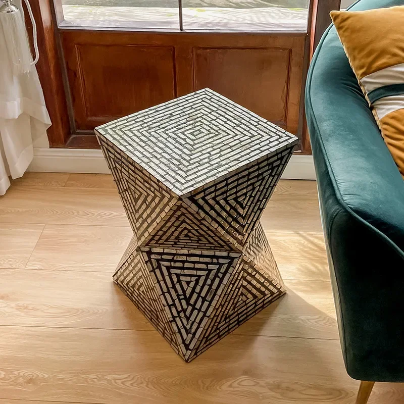Grid Inlay Coffee Table Wood Side Table Console End Table for Living Room Furniture Modern Design 2024 Home Decoration Items