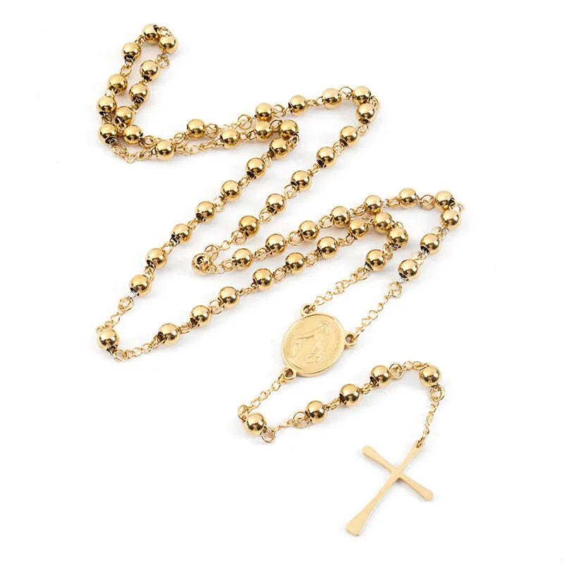 Religious Catholicism 4mm Beads of Notre Dame Cross Gold Stainless Steel Necklace
