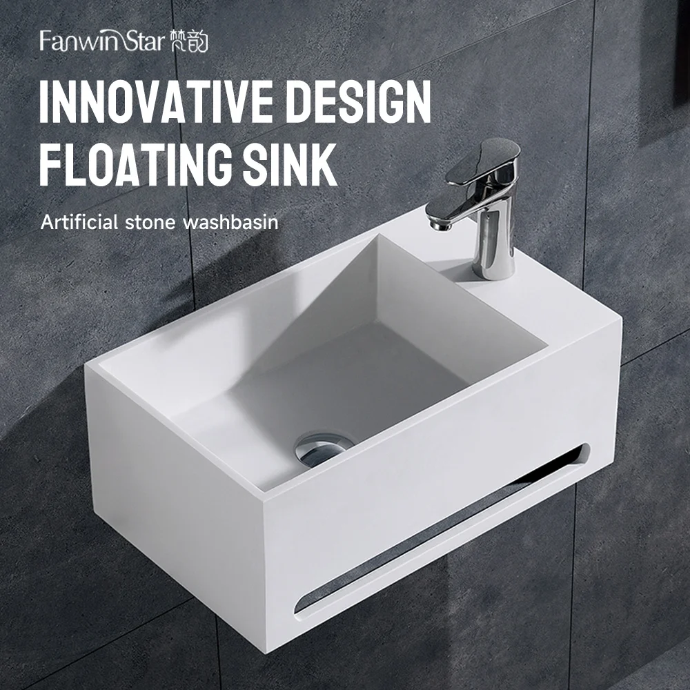 Wall Hung Wash Basin Floating Sink Fanwin Wall Hung Rectangle Console Sink Bathroom Artificial Stone Modern 3 Years 1 Pcs T/T