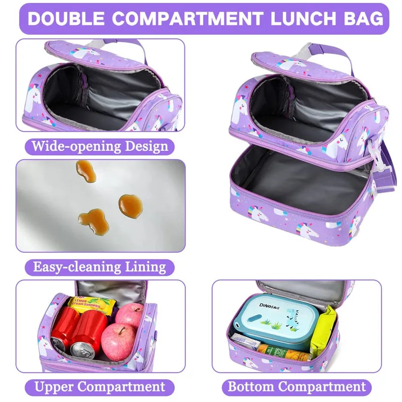 Сумка-тоут для еды для мальчиков и девочек, изолированные мини-кулеры с двумя отделениями, школьный Ланч-бокс с единорогом