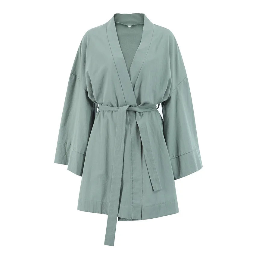 High Quality Comfortable Cotton Bathrobes Lounge Wear Flax Long Sleeve Soft Bamboo Green Kimono Robes