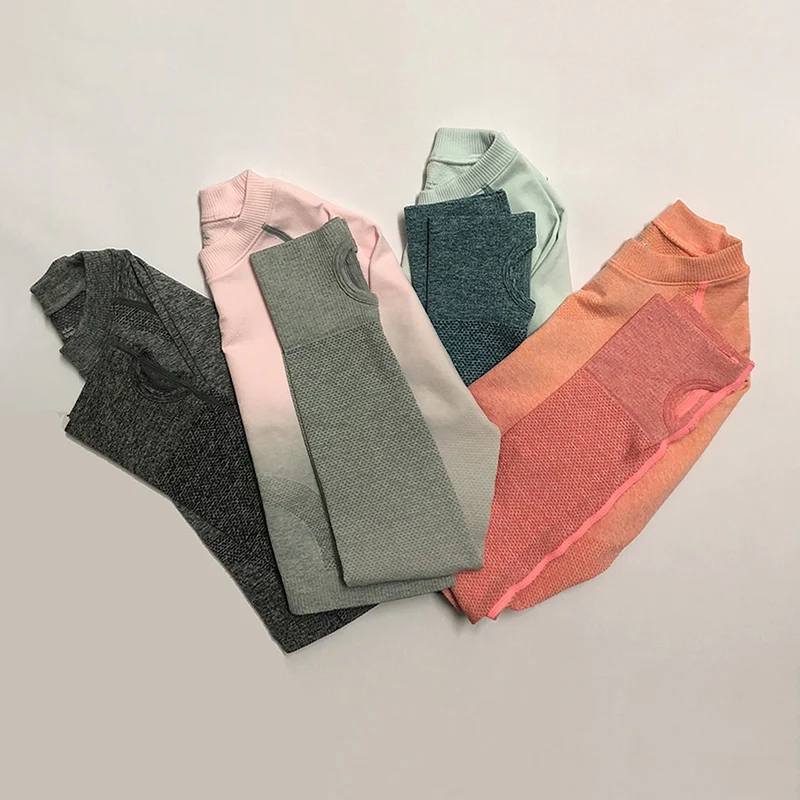 Women Yoga Set Gym Clothing Ombre Seamless Gradient Leggings Long sleeve Top Workout Sport Suit Women Fitness Set Active Wear