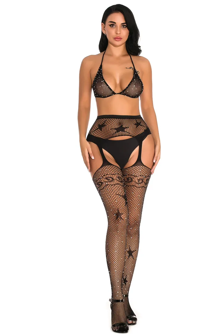 
New product trendy style mature women sexy lingerie tights nylon rhinestone bodystocking 