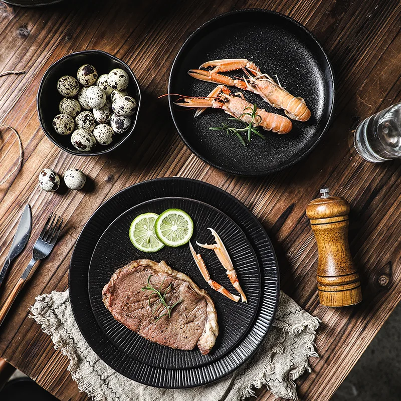 Restaurant Ceramic White Crockery Black Rock Coupe Flat Porcelain Plates Japanese Soup Deep Bowls Sushi Dish Unique Dinner Sets