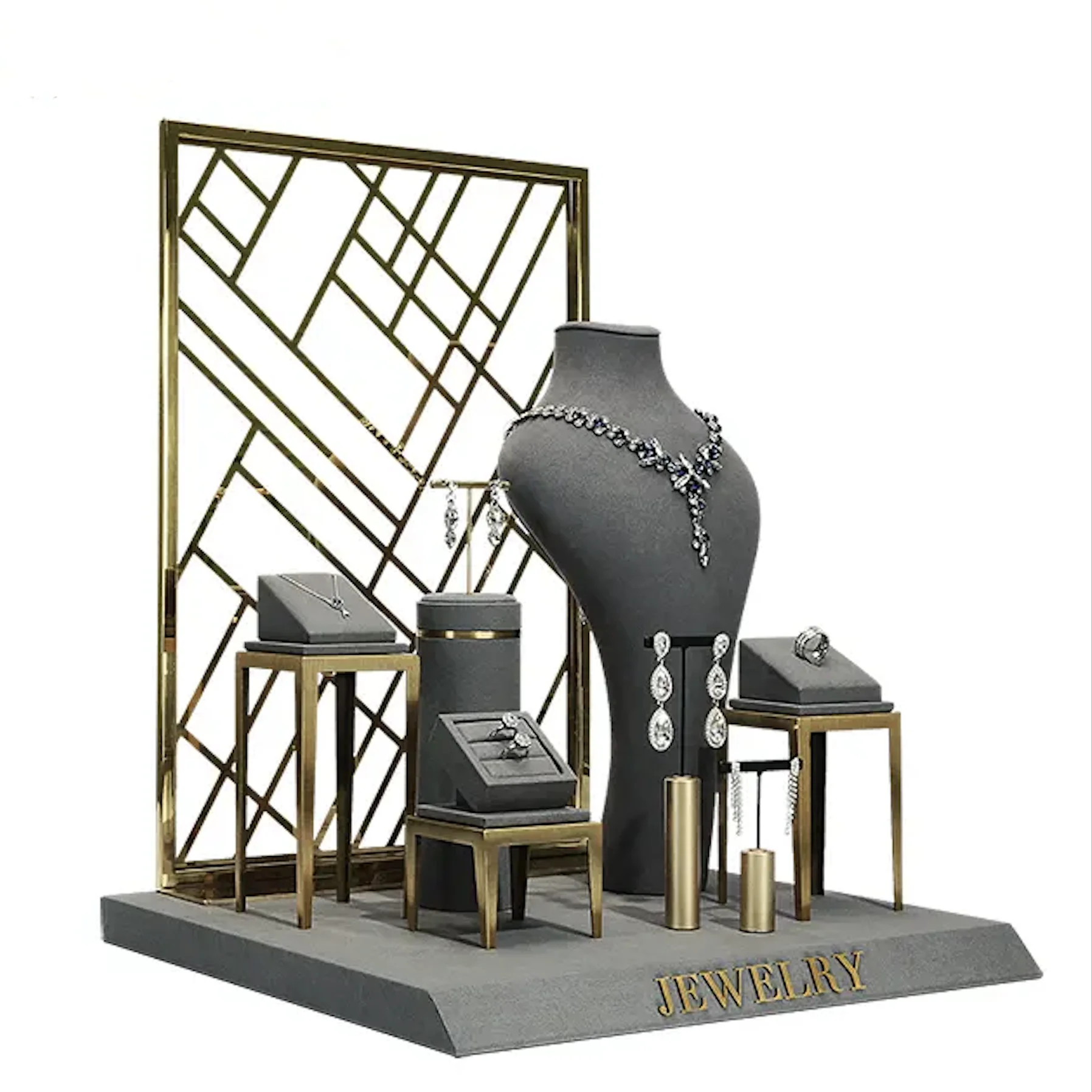VANLOCY Modern Grey Microfiber PU Jewelry Display Stand Set Includes Earring Ring and Necklace Window Props ODM Supply Type