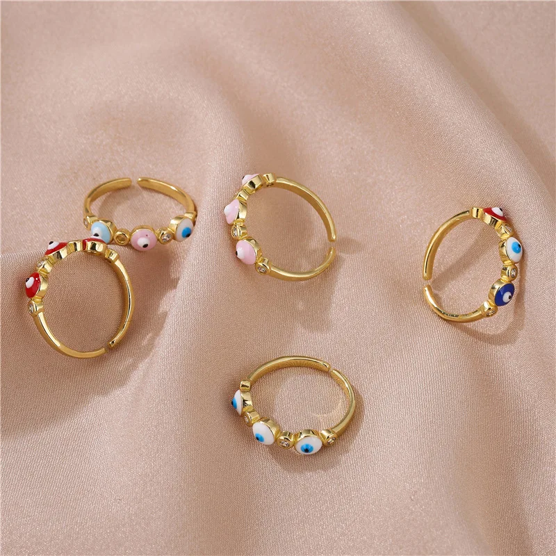 NUORO Colorful Oil Drip Zircon Eye Ring Accessories Brass Gold Plated Opening Enamel Oil Drop Eye Finger Ring