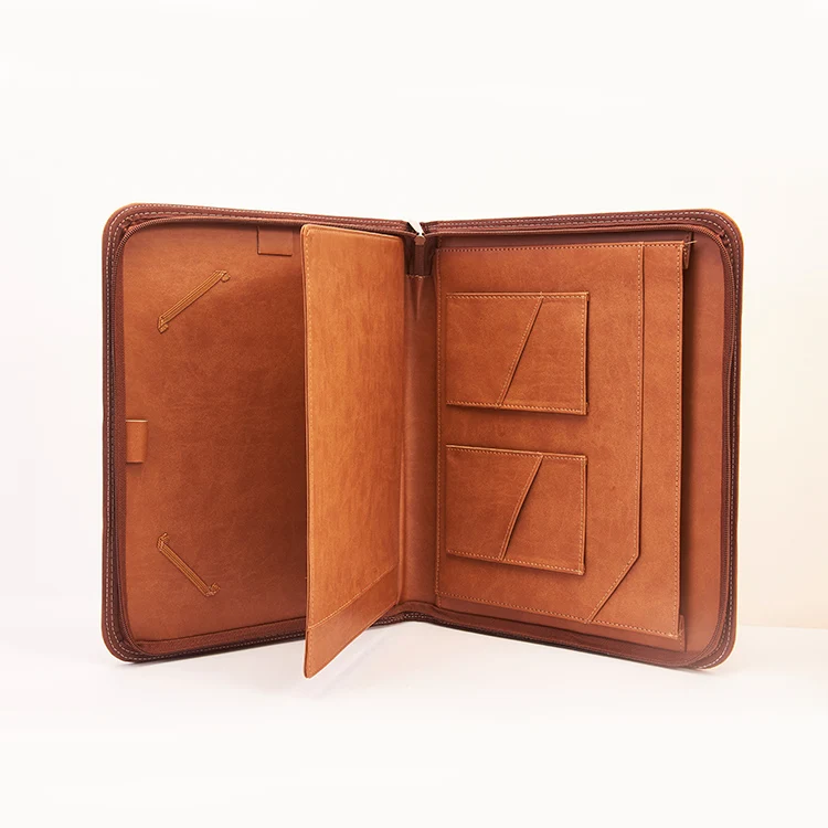 Hot sales a4 file folder leather cover portfolio logo embossed with zipper and pocket
