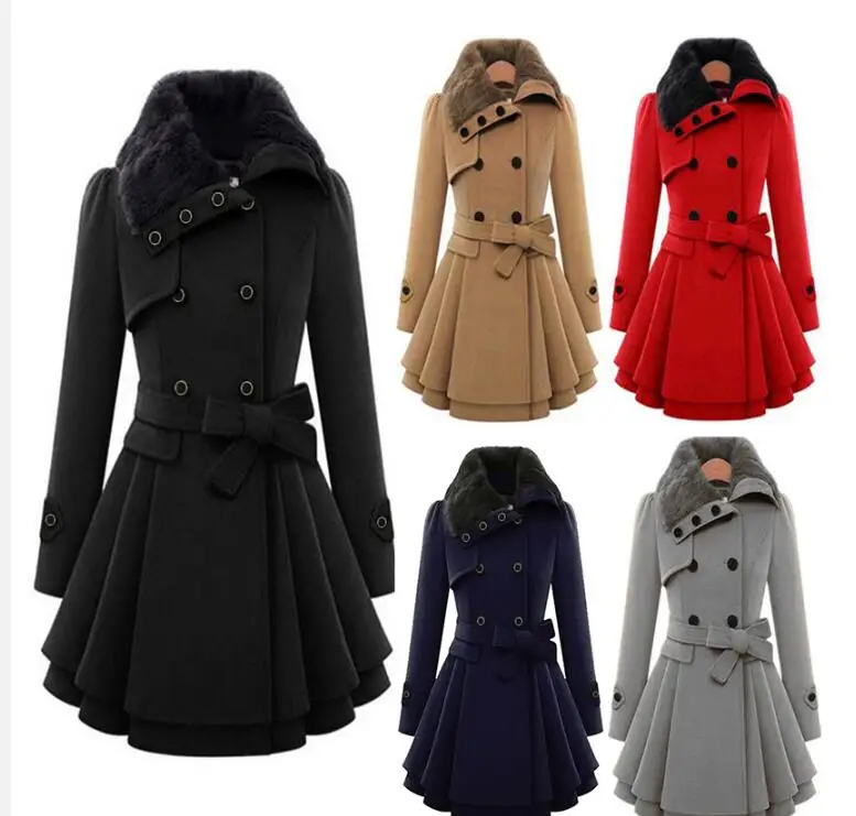 WIIPU Women Wool Coat Vintage England Woolen Blends Thin Winter Warm Plus Size Overcoats Faux Fur Collar Fashion Coats