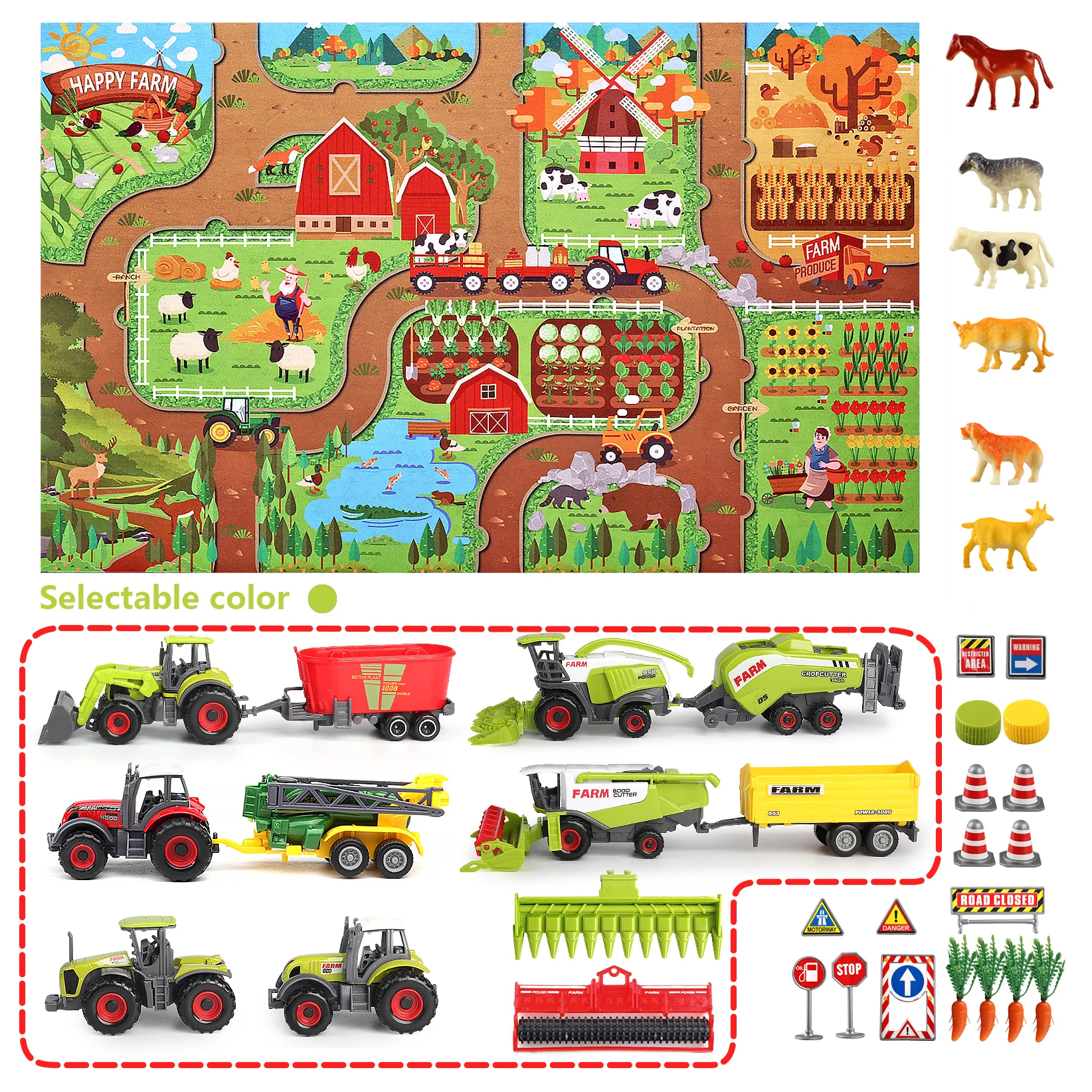 Sunq Factory Price 2023 New Arrive 37Pcs Farm Set Realistic Animal Figures Diecast Car Toy Tractor For Kids With Play Mat
