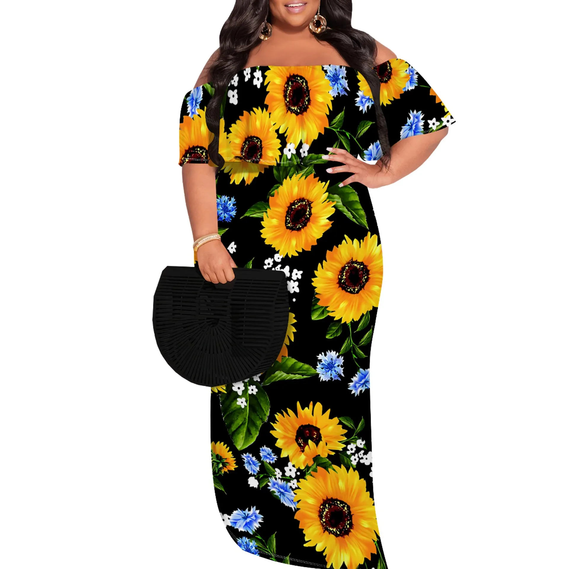 women fall clothes 2024 xxxxl plus size women sexy dress 2024 Off-shoulder graphic print maxi dress