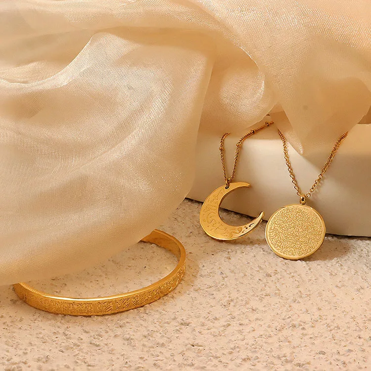 G2767 Stainless Steel 18K PVD Gold Plated Engraved Bangles Allah Islam Muslim Arab Moon Arabic Necklace And Bracelet Jewelry Set