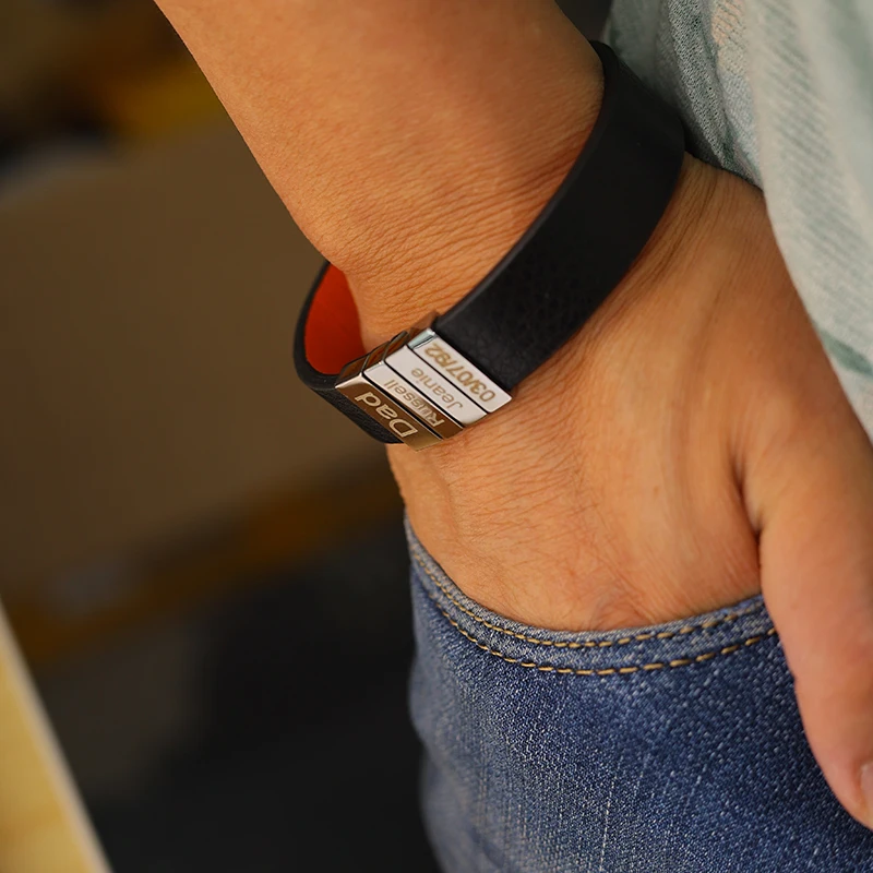 Father Gifts Engrave Personalized Genuine Leather Bracelet Stainless Steel Beads Custom Name Charm Bracelets with Family Names