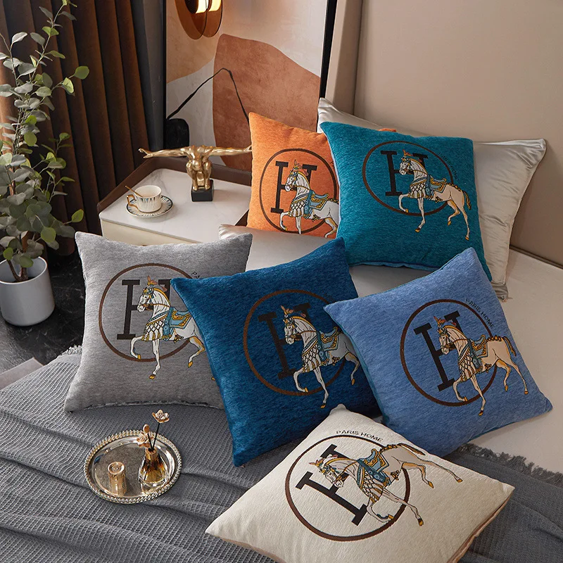 Luxury Decorative Cartoon Style Square Pillowcase Horse Pattern Jacquard Chenille Cushion Covers