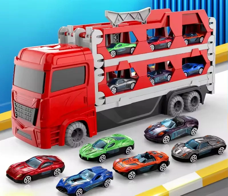 Portable Race Track Truck Toy 3 Layer Truck Toys for Boys Folding Storage Car Carrier with 6 Metal Car Gift for Kids unisex