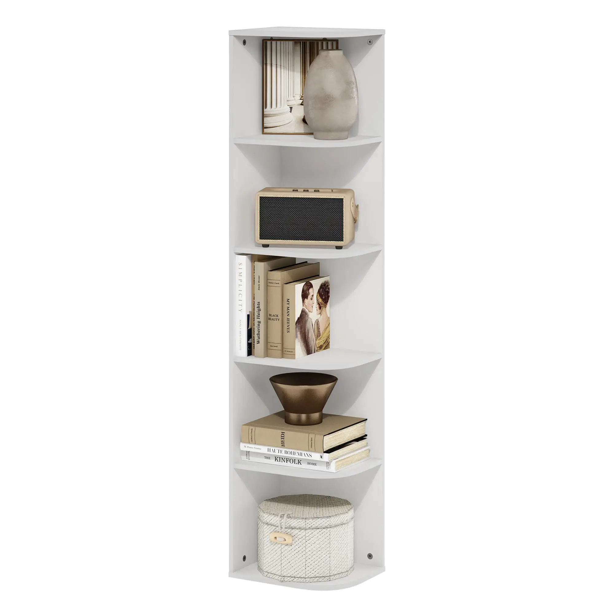 Chinese Factory Wholesale Universal Tall Wood 5 Tier Book Shelf Bookcase In White