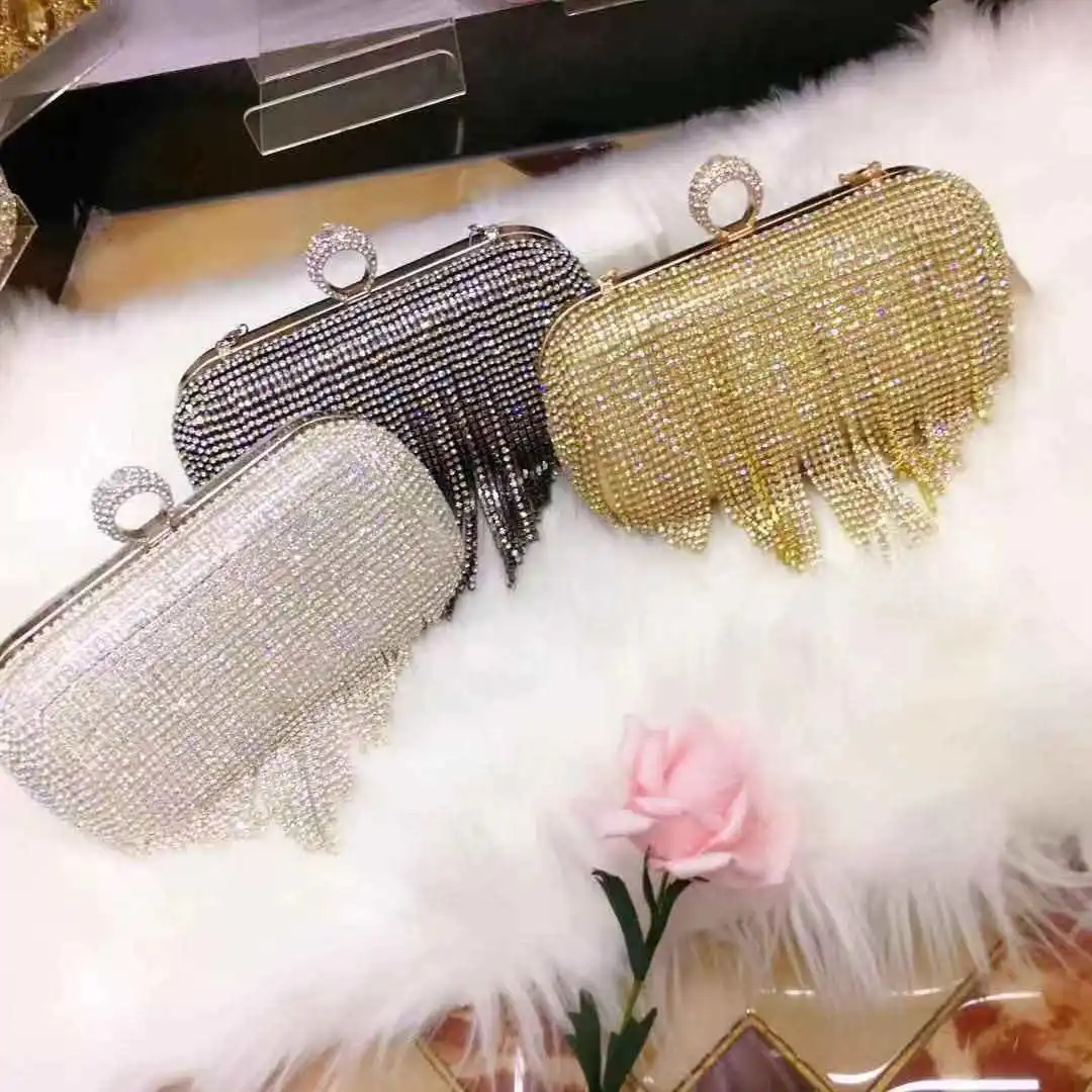 Hot Selling Women Crystal Tassel Clutch Purses Evening Clutch Bag Rhinestones Handbag for Wedding Party