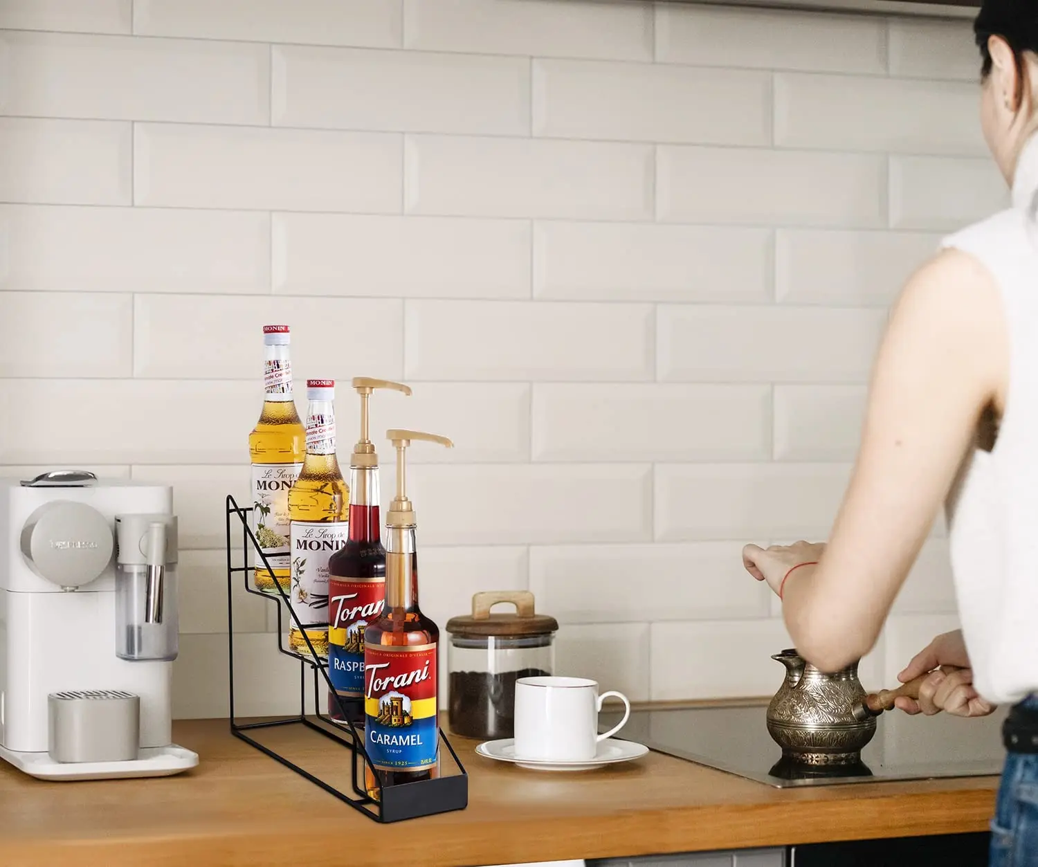 Coffee Syrup Rack for Coffee Bar Accessories Fits with Torani and Monin Syrup Coffee Bar Organizer Holds 4 Bottles