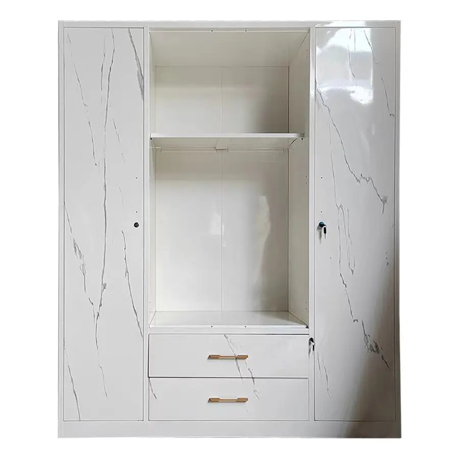 Home Cupboard For Clothes Metal Wardrobe Bedroom Steel Printed Wardrobe 3 Door Clothing Storage Cabinet with mirror and drawer