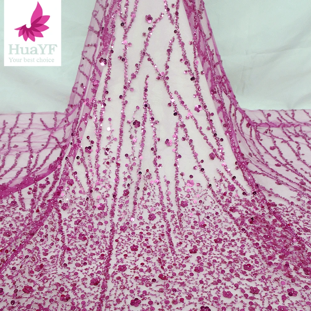 Hot sale top quality hot pink 3d beaded crystal sequins french wedding lace dress african 5 yards wholesale fabric HY1306-14
